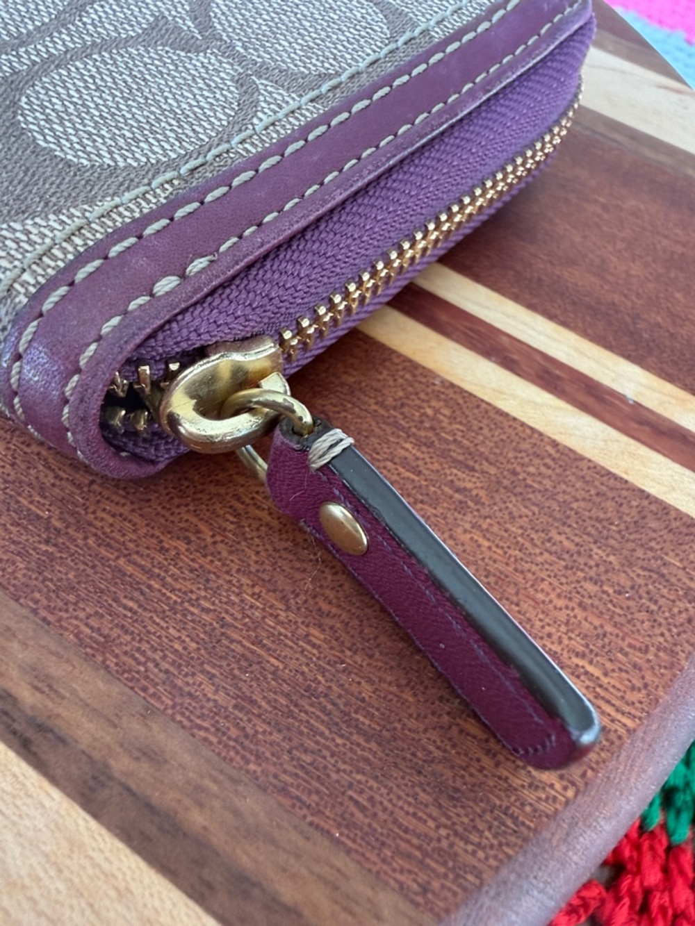 Coach Brown Signature Canvas Zip Wallet with Purple Trim - Picture 5 of 14